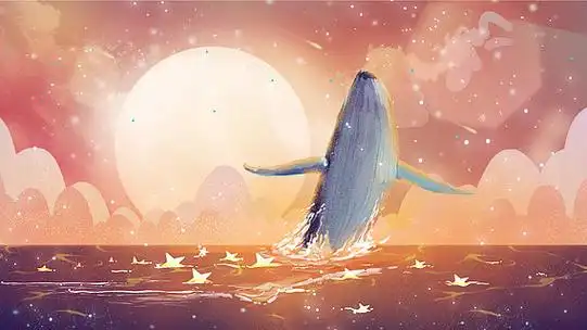 治愈系鲸鱼海洋海蓝时见鲸插画夜空中大海与鲸手绘海报插画壁纸原创