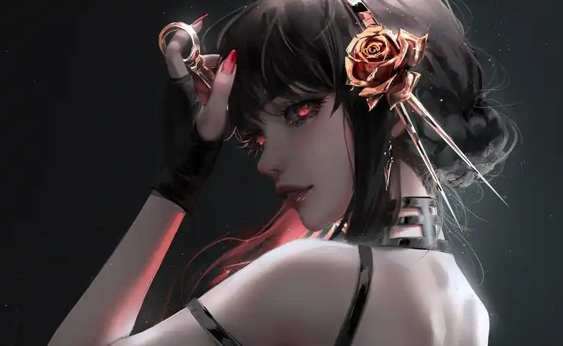 红色眼睛美女 厚涂 玫瑰发簪 4k动漫壁纸_4k动漫图片高清壁纸_墨鱼