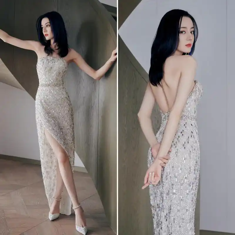 迪丽热巴明星宴会晚礼服2022性感漏背开衩长裙礼服