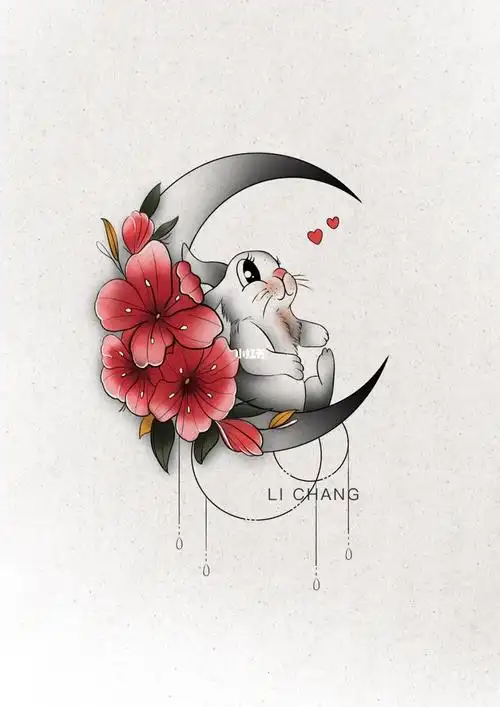 纹身手稿月亮上的小兔子会孤单吗