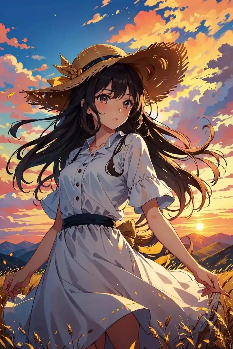 草帽女孩,ai动漫.<金色的麦田里劳作,草帽,长发随风飘扬, - 抖音