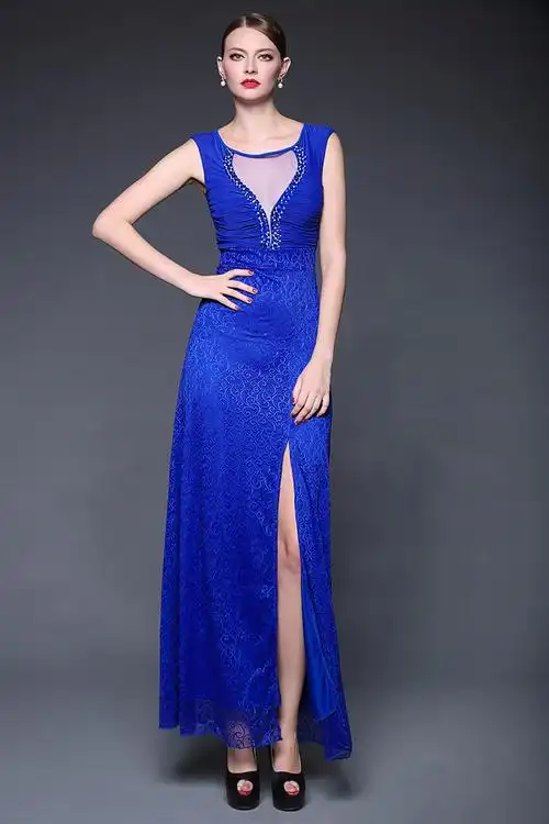 2015夏季新品 蕾丝拼接手工钉珠网纱微透视晚礼服 连衣裙w0215