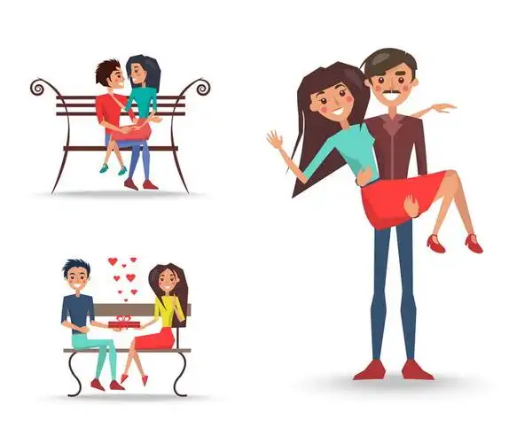 坐在长椅上和抱着女朋友的卡通情侣图片免抠矢量素材 人物素材-第1张