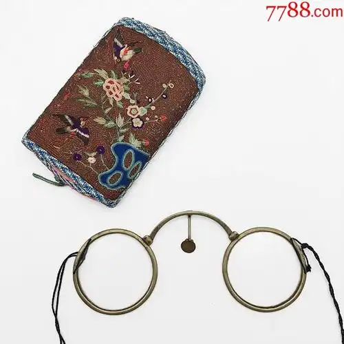 清代古董中式老古玩黄铜折叠式眼镜手工刺绣布艺老件收藏