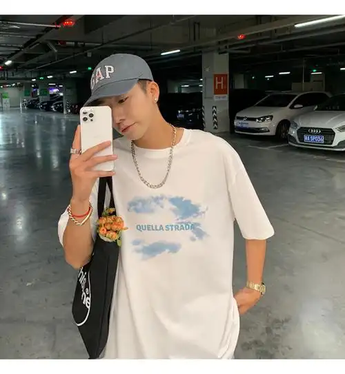 短袖t恤男夏季潮牌ins港风印花体恤宽松百搭痞帅气休闲上衣服白色s