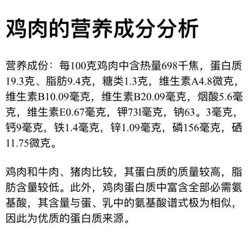 鸡肉的营养成分如下,而且适口性好