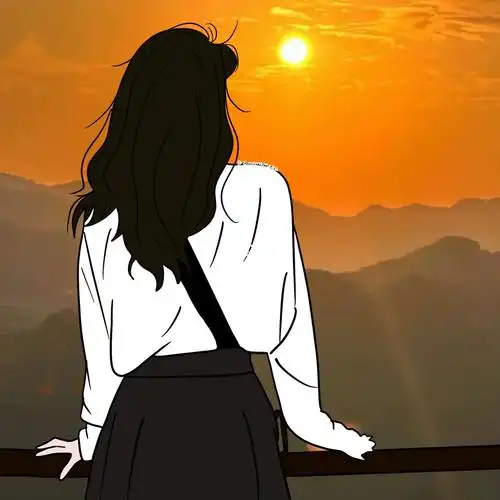 插画头像看日落背影女生头