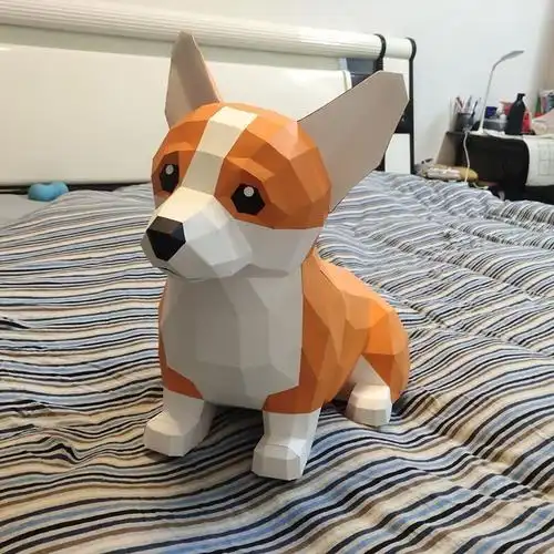纸壳狗 可爱小狗女王柯基犬 几何折纸3d立体纸模型构成diy手工创意 桔