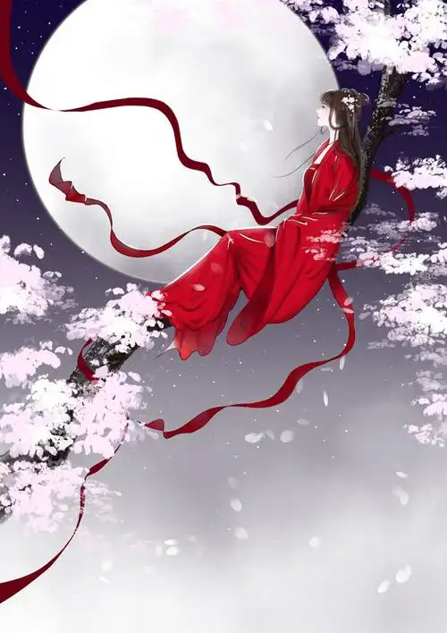 中国插画师龙轩静作品-月下红衣-古风手绘-堆糖
