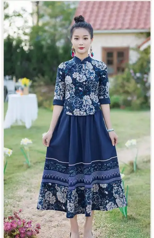 唐装女装中国风复古中式盘扣改良旗袍式上衣民族风棉麻套装两件