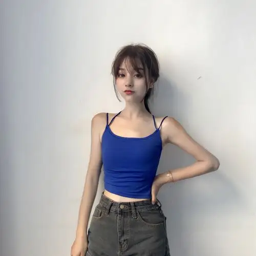 夏季女装韩版交叉露背修身吊带外穿打底美背小背心带胸垫短款上衣