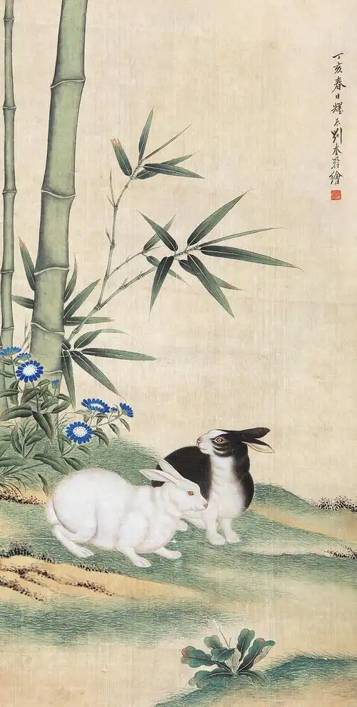 刘奎龄双兔绿竹图