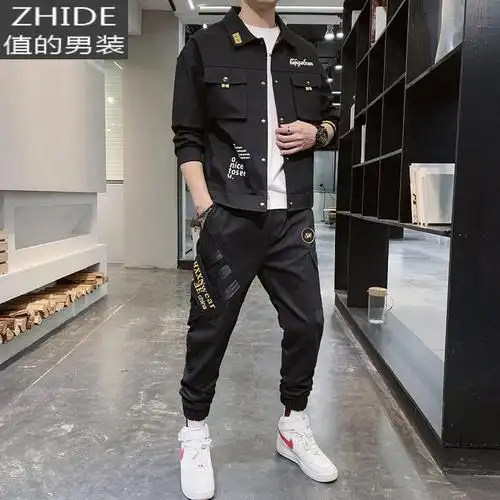 suntek休闲运动套装男士潮流搭配秋冬帅气男装一套潮牌工装痞帅加绒