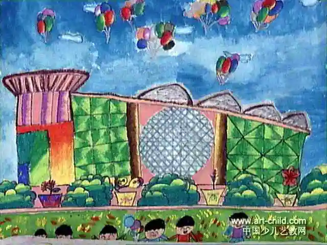 科技馆落成儿童画属于水粉画,大小为480x640像素,作者石朝程,来自上海