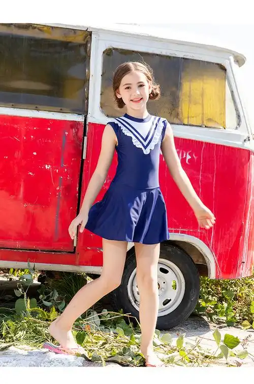 日系连体泳衣女学生泳衣中大童裙式泳衣 藏蓝色 4xl