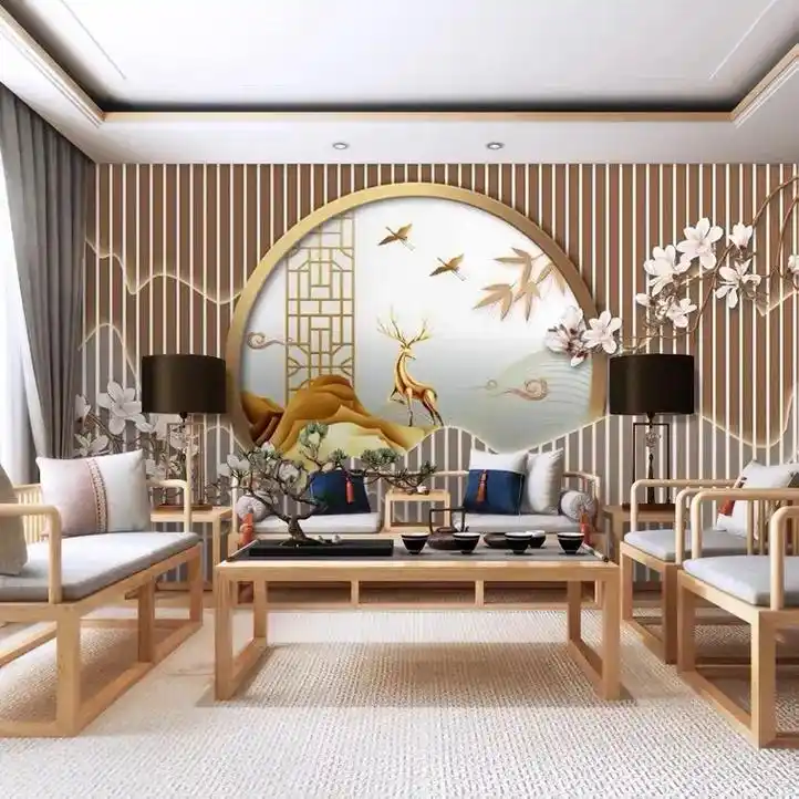 3d新中式电视客厅背景墙壁纸中国风复古茶室墙布仿木格栅餐厅墙 - 抖