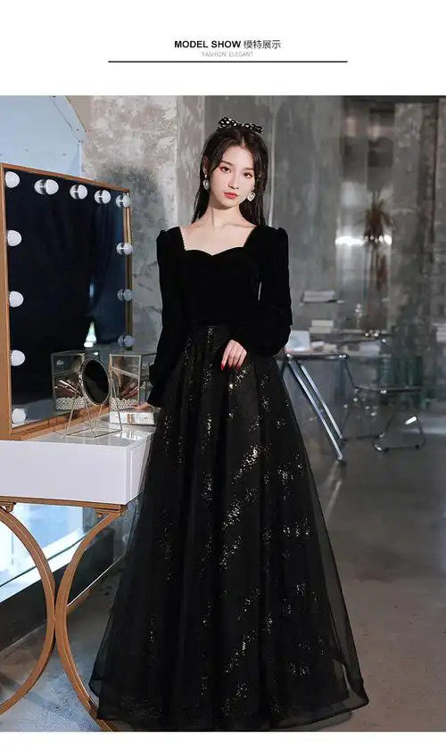 塞德勒黑色晚礼服裙女2021新款宴会气质轻奢小众高端感年会冬季长袖