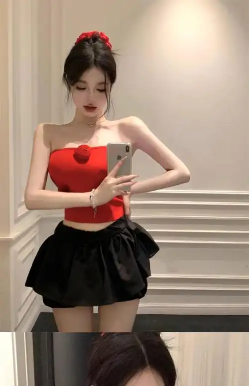 花朵红色针织吊带背心女外穿夏泰式jazz甜辣妹性感一字肩抹胸上衣