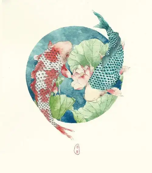 双鲤百鲤水彩原创手绘古风花鲤鱼涂
