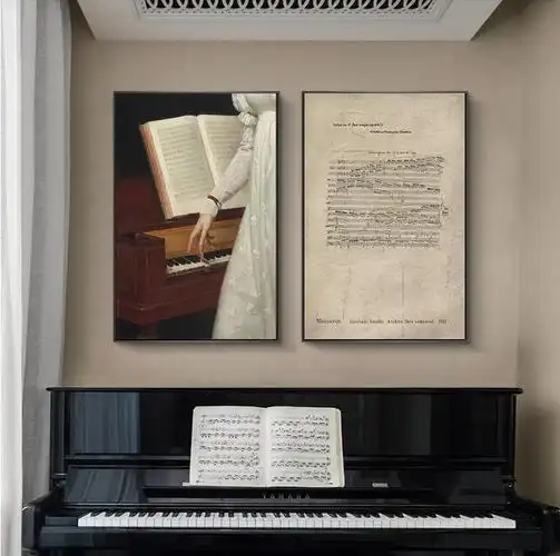 轻奢玄关油画文艺复古装饰画琴行钢琴女子上方现代装饰画