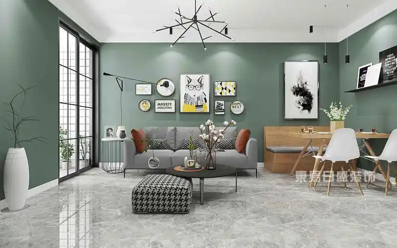 灰色的布艺沙发与绿色的墙面相互映衬,给人一种暖意洋洋的家庭氛围.效