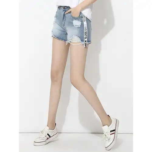 牛仔短裤女夏款侧缝织带拼接破洞毛边牛仔热裤宽松直筒牛仔裤