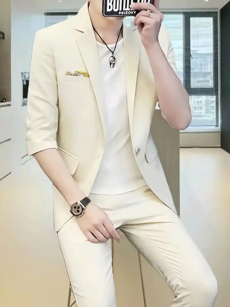 这款男士精细工艺纯色七分袖西服套装来了,2024夏季薄款中袖西装休闲