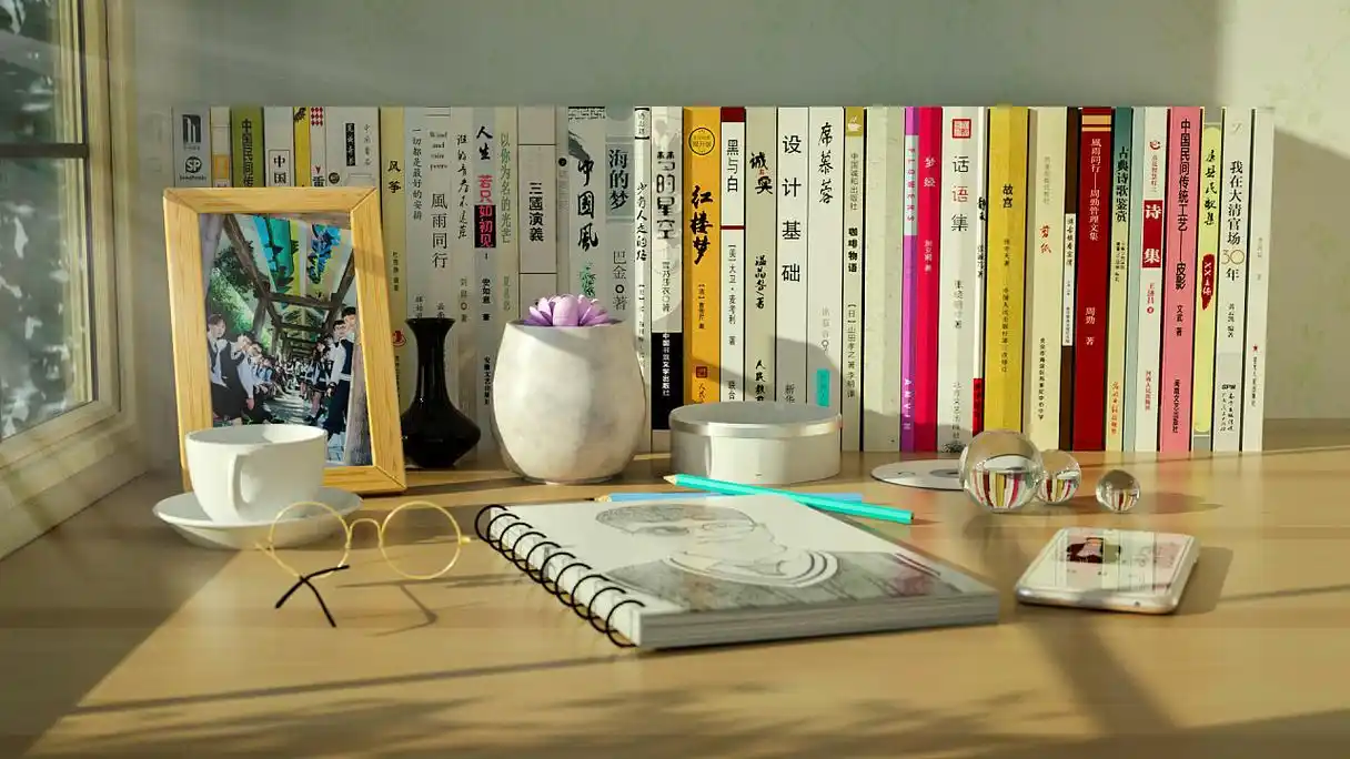 三维渲染,书桌前