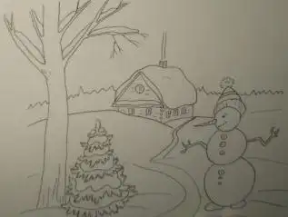 如何画有圣诞树和雪人的冬天的风景