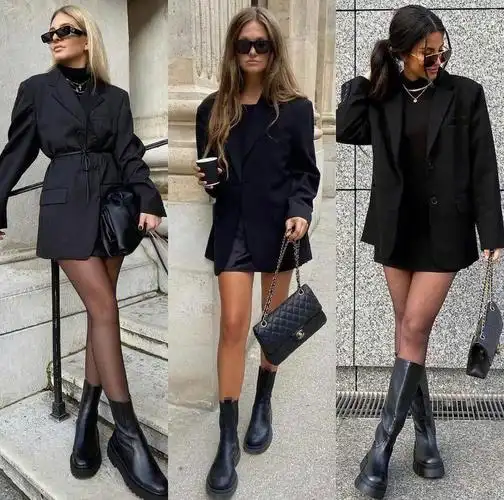 博主穿搭筒靴si袜短款外套get大长腿辣妹