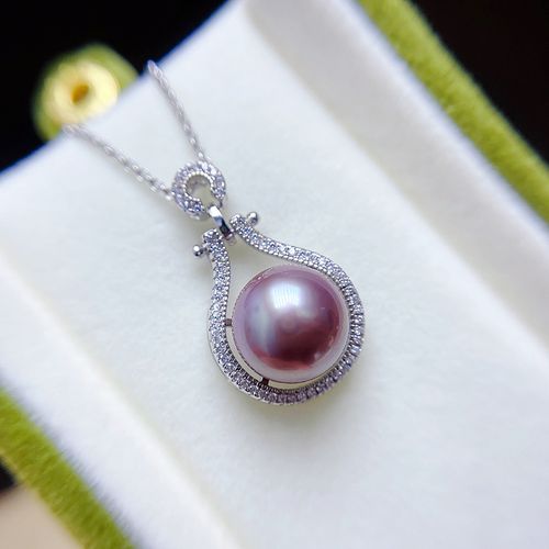 天然淡水水粉紫色珍珠吊坠s925纯银镶嵌圆形颈饰