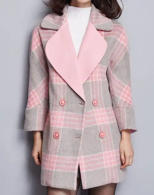 粉配灰经典格纹翻驳领毛呢大衣