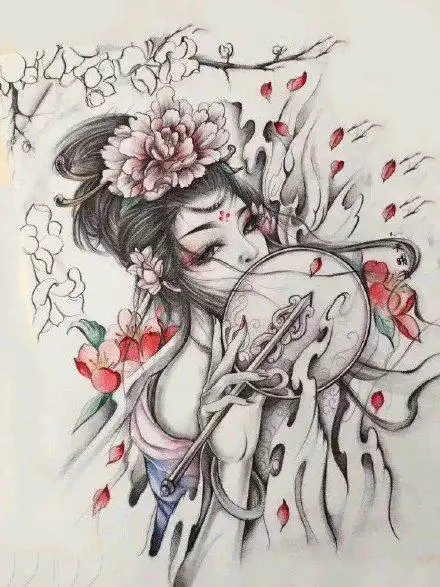 个性好看的一组艺伎纹身手稿图案9张