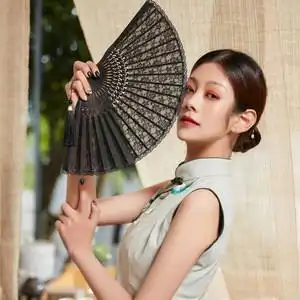 古风折扇夏天女式古典旗袍蕾丝小扇子随身便携中国风折叠扇舞蹈扇