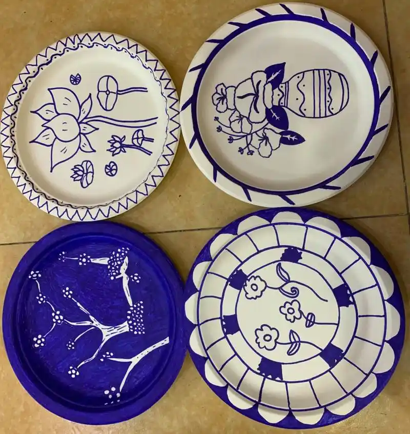 青花瓷纸盘绘画最后一波 完工啦 青花瓷纸盘绘画 幼儿园手工纸盘环创