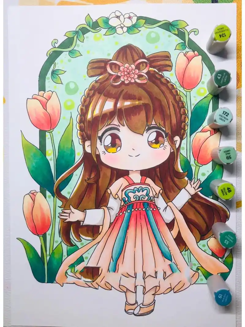 q版动漫|古装服饰手绘|绘画|马克笔|动漫女 马克笔:申内利尔 (色号在