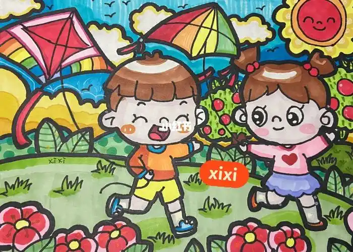 主题画儿童画简笔画放风筝春天来了