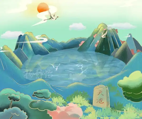 长白山天池国潮风中国风手绘插画