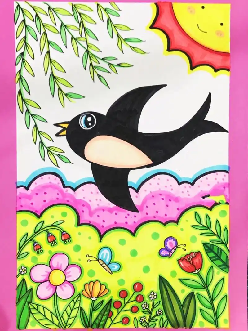 春天主题儿童画/燕子来了/柳树简笔画附线稿             附线稿