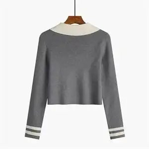 v领针织衫女薄款polo衫早秋季2021年新款慵懒风修身短款长袖上衣图片