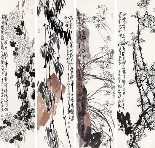 0969 2012年作 梅兰竹菊 四屏镜心 设色纸本