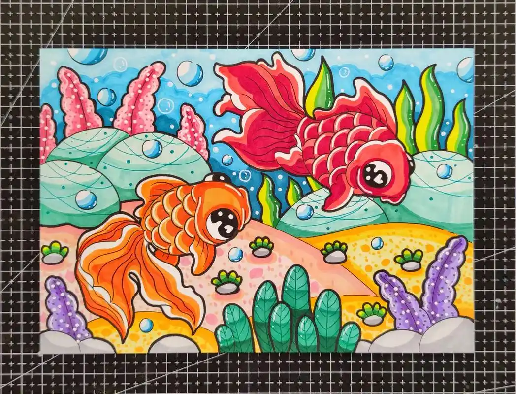 金鱼儿童画马克笔动物主题画金鱼海底世界