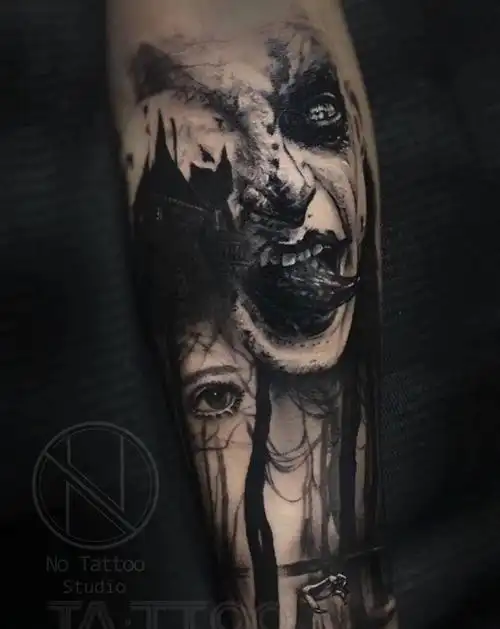 小丑纹身图片_手臂欧美写实小丑暗黑纹身图案