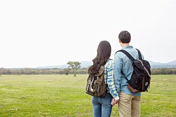 年轻,情侣,牵手,站立,背影,草地