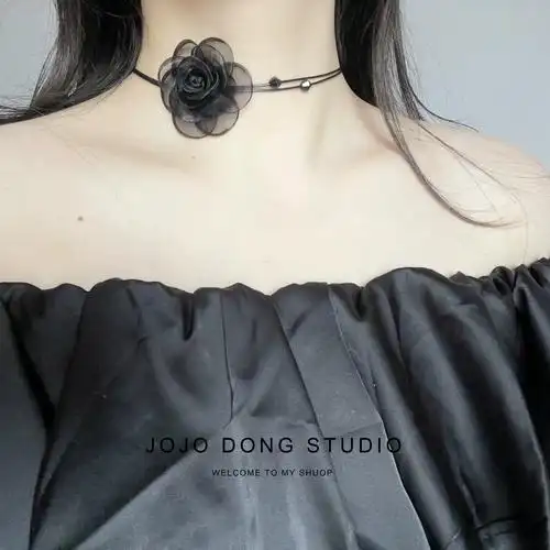 复古名媛风小众设计choker山茶花花朵锁骨链蜡绳项链颈带玫瑰项圈