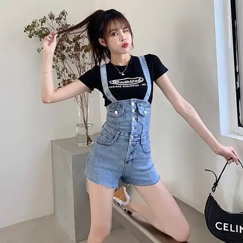 小个子网红牛仔背带裤女热裤超高腰显瘦收腰可拆卸吊带短裤 浅蓝色 s