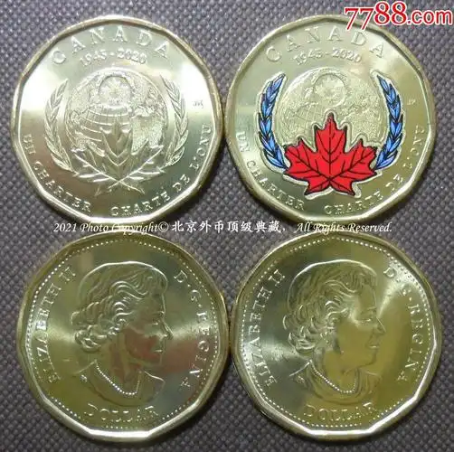加拿大2020年联合国宪章签署75周年1元本色彩色纪念币2枚套