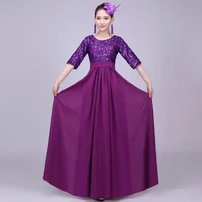 正品合唱服长裙演出服女成人连衣裙现代中老年合唱团大裙摆表演晚