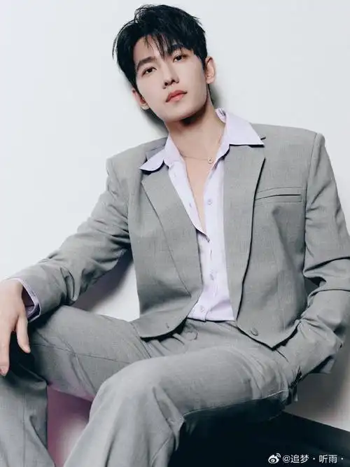 杨洋浅灰色齐腰西装