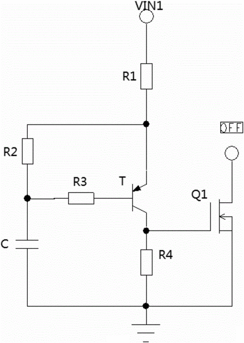 第三电阻,第四电阻,电容,三极管和第一mos管组成的开机延时电路以及由